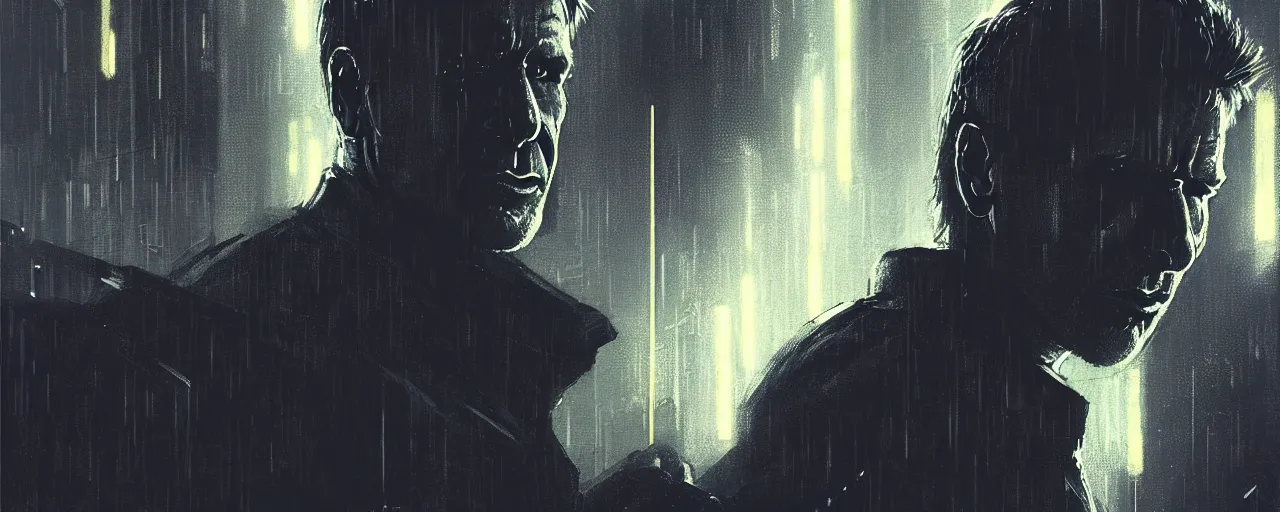 Prompt: duotone tech noir concept illustration 3 / 4 portrait of harrison ford as deckard from blade runner 1 9 8 2. cinematic volumentric lighting space. golden ratio accidental renaissance. by sachin teng and sergey kolesov and ruan jia and heng z. graffiti art, scifi, fantasy, hyper detailed. octane render. concept art. trending on artstation