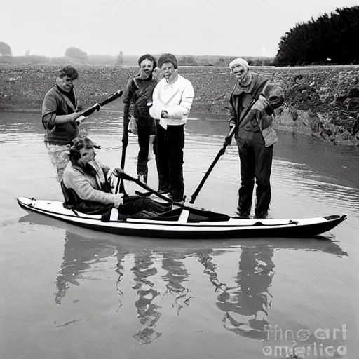 Image similar to mister rivers, johnny halliday and eddy barclay constructing a kayak in normandy, realistic, lomographie,