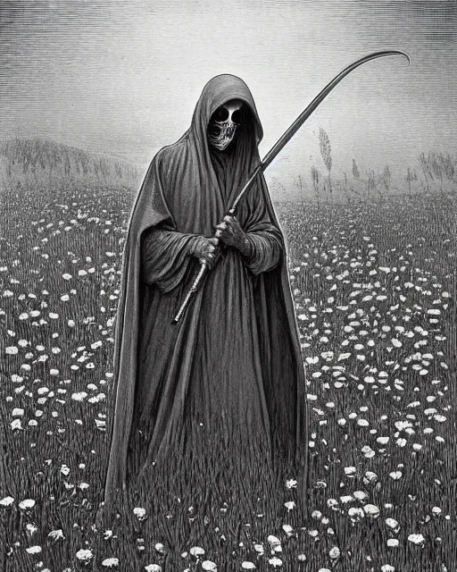 Prompt: faceless grim reaper with veil over face holding scythe at distance in beautiful meadow of flowers, detailed pencil illustration by gustave dore, highly detailed, centered, high resolution, smooth, sharp focus, illustration