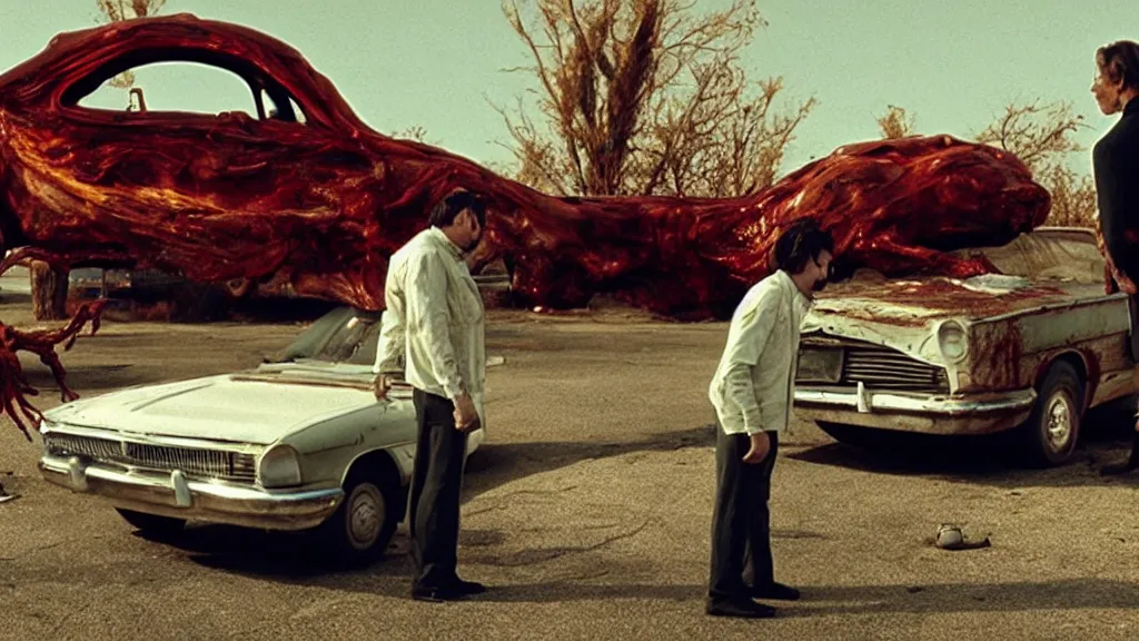 Image similar to the creature sells a used car, made of wax and blood, film still from the movie directed by Denis Villeneuve with art direction by Salvador Dalí, wide lens