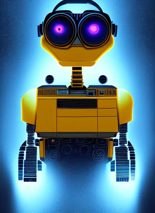 Image similar to symmetry!! portrait of wall - e, sci - fi, tech wear, blue and yellow glowing lights!! intricate, elegant, highly detailed, digital painting, artstation, concept art, smooth, sharp focus, illustration