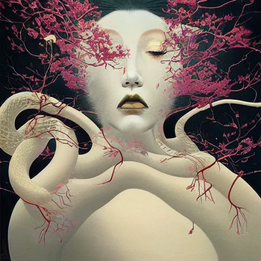 Prompt: beautiful painting of the white oneiric landscape of a deconstructed bedroom with snakes and cherry blossoms in the style of Francis Bacon, Karol Bak, Daturahex and Jesse Kanda. Dark background, detailed, trending on Artstation