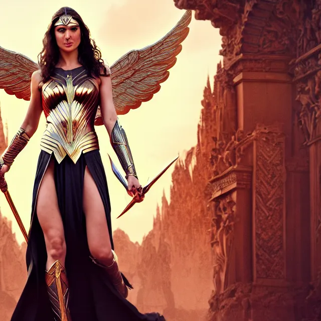 Image similar to beautiful angel warrior queen gal gadot in ornate robes, highly detailed, 8 k, hdr, award - winning, trending on artstation, ann stokes