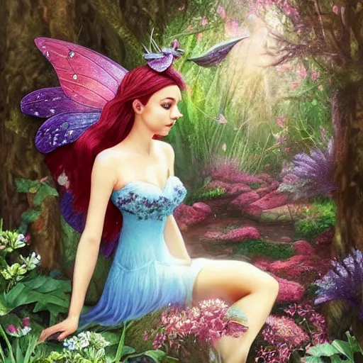 Image similar to the most beautiful fairy sitting on a flower in an amazing peaceful forest, fantasy artwork, detailed, sharp