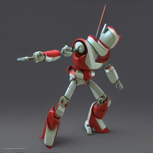 Prompt: a toy figure of a robot with a sword, a raytraced image by Yoshiyuki Tomino, polycount, toyism, marvel comics, polycount, made of trash