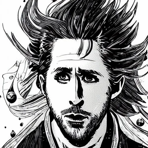Image similar to black and white pen and ink!!!!!!! Yoshitaka Amano designed Ryan Gosling wearing cosmic space robes made of stars final form flowing royal hair golden!!!! Vagabond!!!!!!!! floating magic swordsman!!!! glides through a beautiful!!!!!!! Camellia!!!! Tsubaki!!! flower!!!! battlefield dramatic esoteric!!!!!! Long hair flowing dancing illustrated in high detail!!!!!!!! by Moebius and Hiroya Oku!!!!!!!!! graphic novel published on 2049 award winning!!!! full body portrait!!!!! action exposition manga panel black and white Shonen Jump issue by David Lynch eraserhead and beautiful line art Hirohiko Araki!! Rossetti, Millais, Mucha, Jojo's Bizzare Adventure