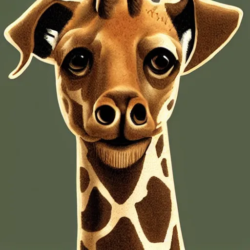 Prompt: A giraffe with the face of a puppy labrador. cartoon.