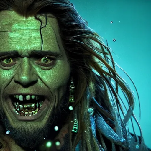 Image similar to Willem Dafoe face, Davy Jones, pirates of the caribbean, octane render, super realistic, portrait shot, under water, light particles, blue and green color