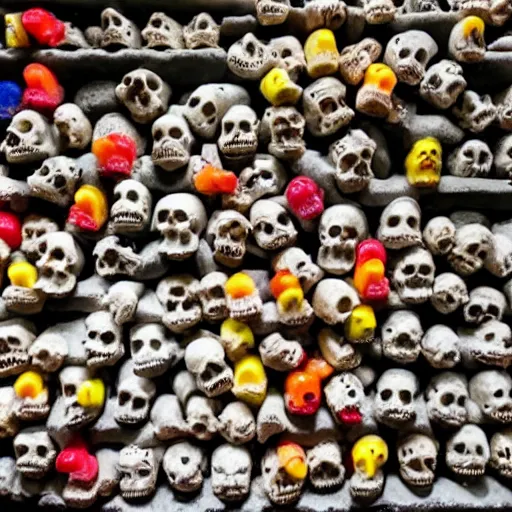 Prompt: photo of paris catacombs with walls of haribo gummy skulls