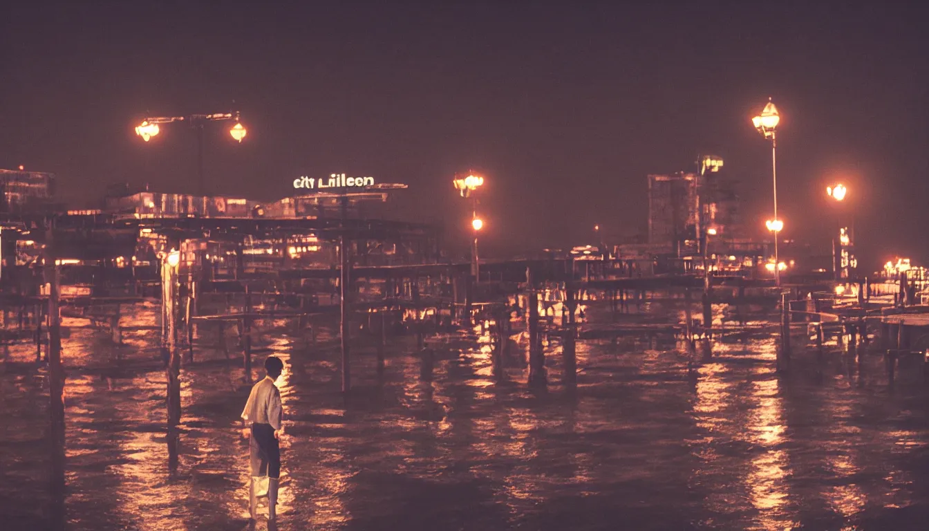 Prompt: 80s asian neon movie still with a lone man levitating on a pier overlooking the river at night with city lights behind his back. Fallen angels movie still. hyperrealistic, high definition, medium format photography, highly detailed, tehnicolor, anamorphic 50mm lens