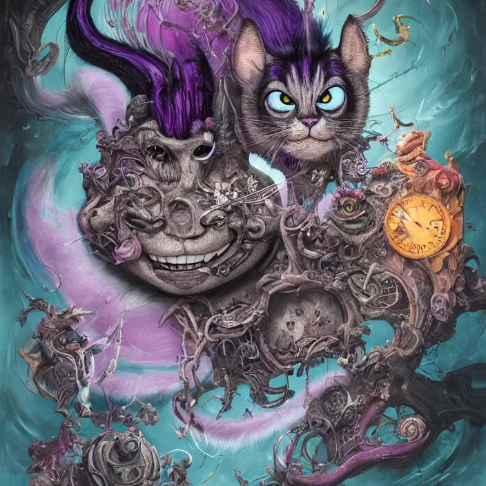 Image similar to dream portrait of Cheshire Cat from Alice in Wonderland,full character, melting ,8k,by tristan eaton,Stanley Artgermm,Tom Bagshaw,Greg Rutkowski,Carne Griffiths, Ayami Kojima, Beksinski, Giger,trending on DeviantArt,face enhance,hyper detailed,minimalist,cybernetic, android, blade runner,full of colour