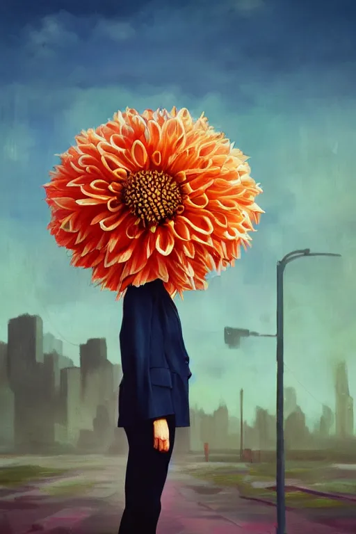 Prompt: closeup giant dahlia flower head, girl in a suit, in a city, surreal photography, blue sky, sunrise, dramatic light, impressionist painting, digital painting, artstation, simon stalenhag