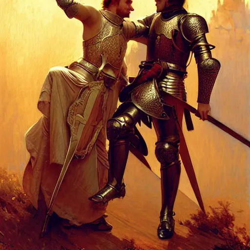 Image similar to attractive arthur pendragon and his attractive male knight, they are in love, natural lighting, path traced, highly detailed, high quality, digital painting, by gaston bussiere, craig mullins, alphonse mucha j. c. leyendecker