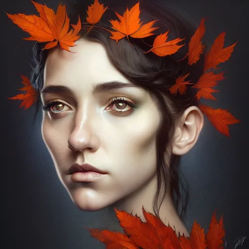 Image similar to in the style of joshua middleton, artgerm, tom bagshaw, gorgeous stella maeve magician, realistic character concept, bird's eye overhead shot, elegant pose, spooky, illustration, symmetrical face and body, volumetric lighting, detailed realistic symmetrical eyes, 8 k, single face, insanely detailed and intricate elegant, autumn leaves