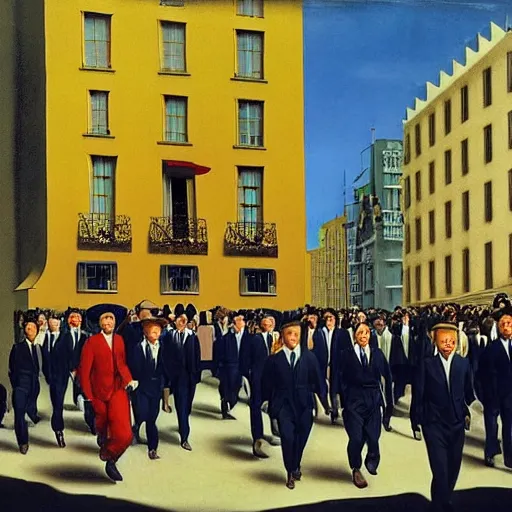 Image similar to a crowd of men in suits marching in a surrealistic city, cinematic dramatic lighting, matte painting, Salvador Dali, René Magritte, Frida Kahlo