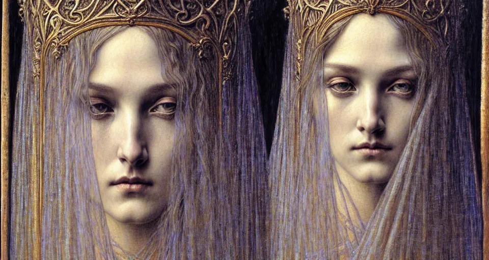 Image similar to detailed realistic beautiful young medieval queen face portrait by jean delville, gustave dore and marco mazzoni, art nouveau, symbolist, visionary, gothic, pre - raphaelite. horizontal symmetry