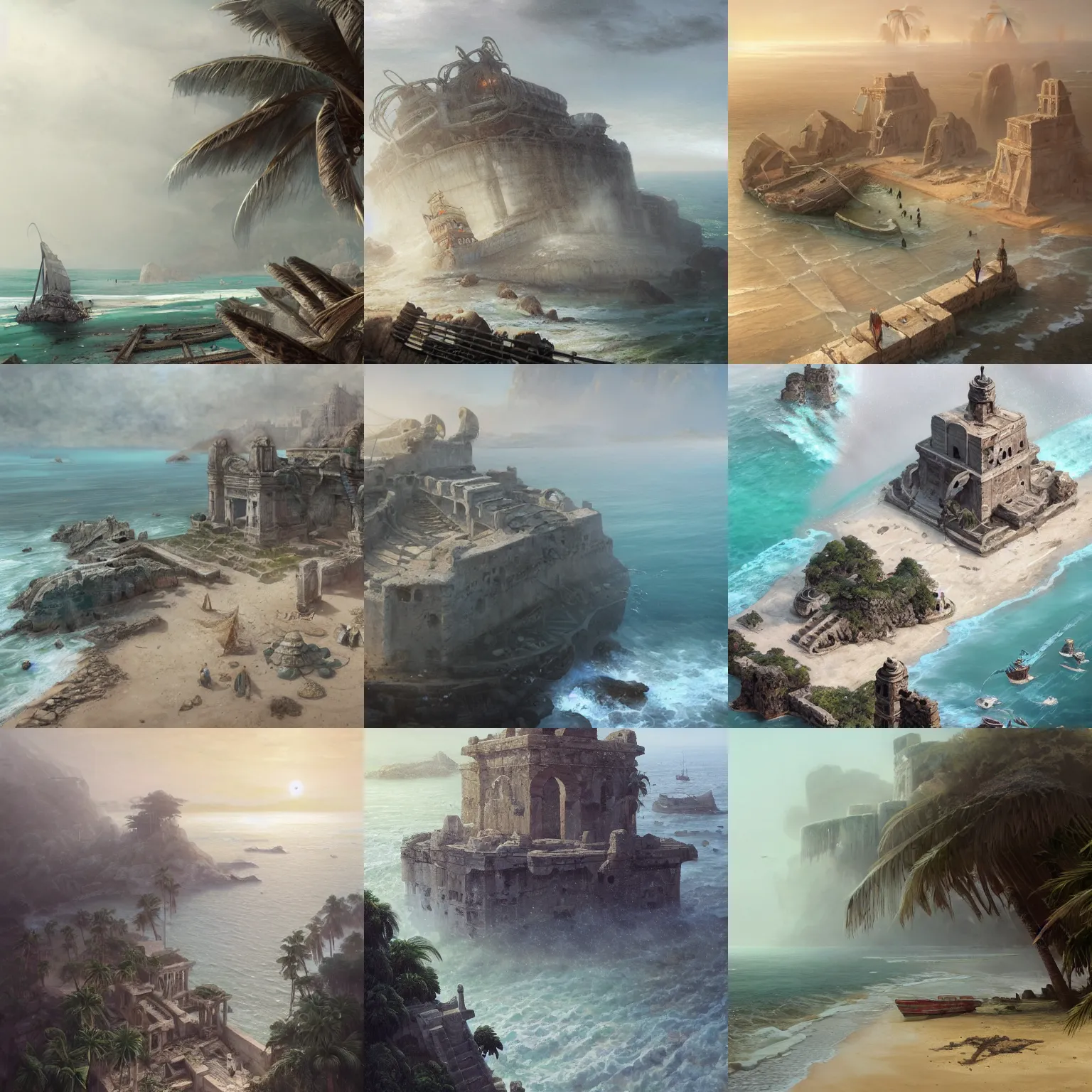 Prompt: white ancient ruins with palms and wrecked ship on the foggy beach wrapped in fog, isometric view, highly detailed, digital painting, artstation, concept art, smooth, sharp focus, illustration, artstation, art by giger and greg rutkowski and hikari shimoda and edmund blair leighton and charlie bowater