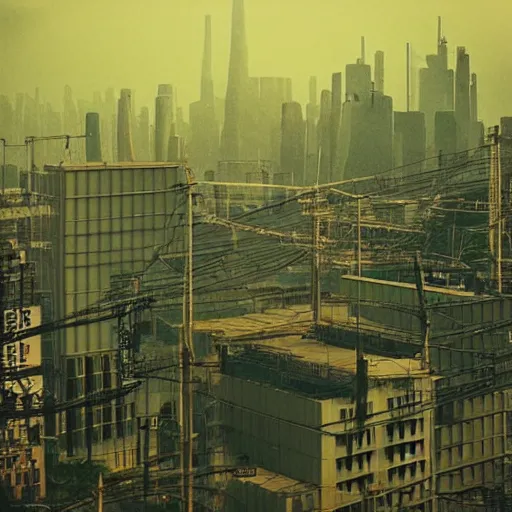 Image similar to “establishing shot focused on the bustling industrial complex at the base of an isolated tower in Neo-Tokyo. Taller than any other building nearby. 2077 Akira. Photo taken in the style of Denis Villeneuve 8k”