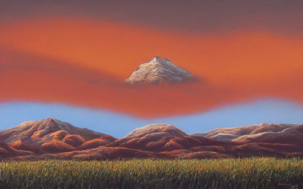 Prompt: The sky's a burnt orange with the Citadel enclosed in a mighty glass dome, shining under the twin suns the mountains go on forever Slopes of deep red grass, capped with snow. award winning oil painting