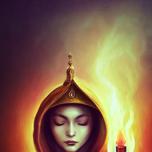 Image similar to ( a priestess with a hood that covers half her face carries an incense burner that emits a pleasantly colored flame. ) by anato finnstark, photorealistic, full body portrait, dynamic lighting, beautiful, trending on artstation, wallpaper, 4 k, award winning, digital art, golden hues, dream background