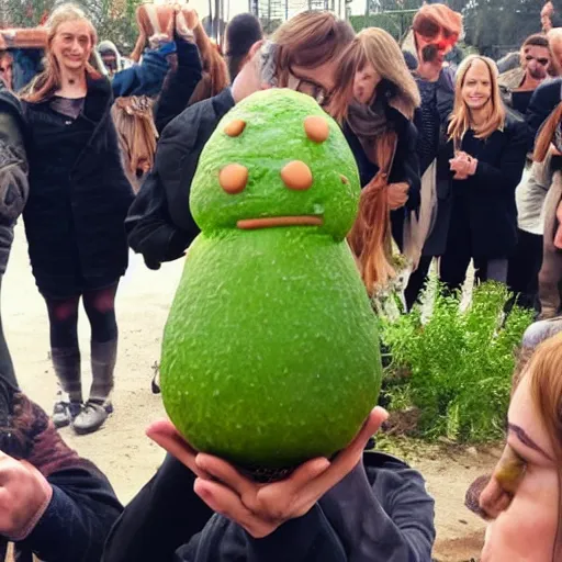 Prompt: emma watson avocado being worshipped by many people