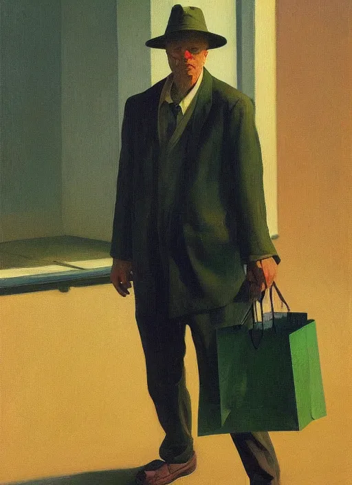 Image similar to man with a paper bag over the head and a sward shopping Edward Hopper and James Gilleard, Zdzislaw Beksinski, Steven Outram highly detailed