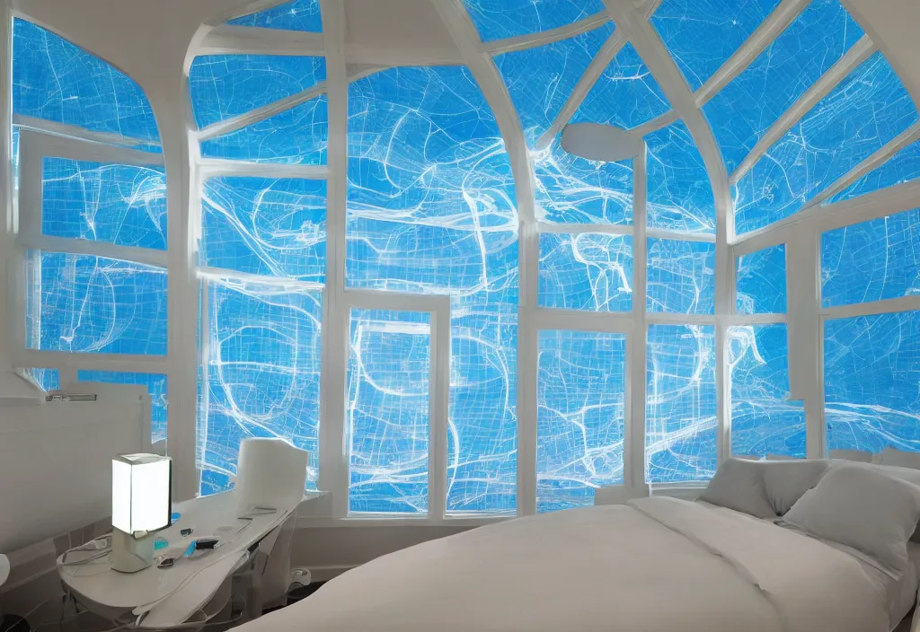 Prompt: curved translucent windows projecting florida holographic weathermap, pixel perfect photograph, high contrast, volumetric lighting, thin glowing lights, bedroom, visor, users, pair of keycards on table