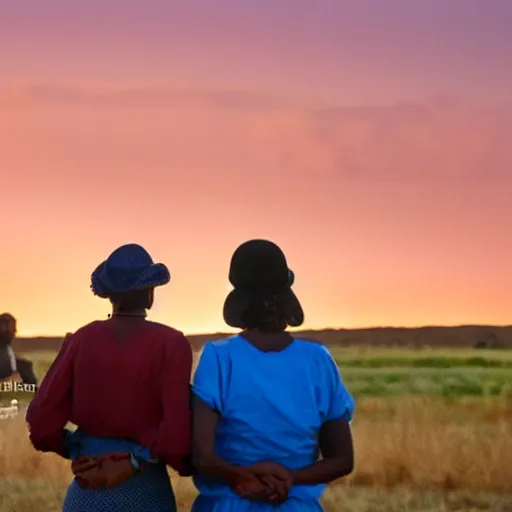 Image similar to a couple of a man and a woman dressed in goyesques looking back at the african savannah at sunset. in the background on the left the ship enterprise approaches. national geographic photography style.