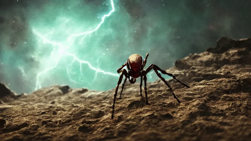 Image similar to human child spider hybrid on a planet. close bottom view. whole body. nebula background. cinematic composition. cinematic lightning. ultra realistic. 8 k. highly detailled. deep space. ultra realistic details. cinematic atmosphere. studio lighting. shadows. dark background.