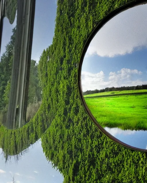 Prompt: a grassy scenic valley inside an industrial mirror, 3 d art