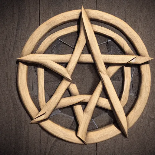 Prompt: A high octane 3D render of a wooden pentagram, Unreal Engine 5, volumetric lighting