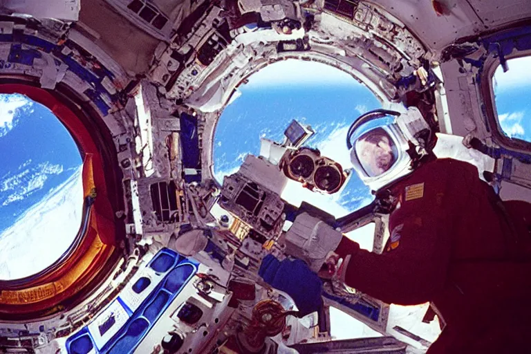 Prompt: 35mm Robbin Williams color portrait photo on the international space station, by Emmanuel Lubezki