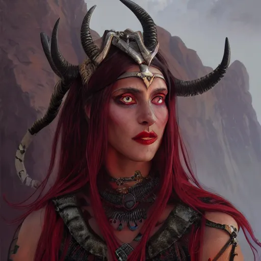 Prompt: portrait of a female berber tiefling, red skin, devil horns, black hair, ponytail, steel chestplate, in a desert, fantasy, intricate, elegant, highly detailed, digital painting, artstation, concept art, character art, smooth, sharp focus, illustration, art by greg rutkowski and alphonse mucha