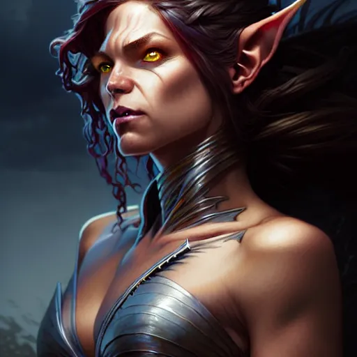 Image similar to An epic fantasy comic book style portrait of a female goblin, stormy setting, movie lightning, intricate, elegant, highly detailed, digital painting, artstation, concept art, matte, sharp focus, illustration, art by Artgerm and Greg Rutkowski and Alphonse Mucha