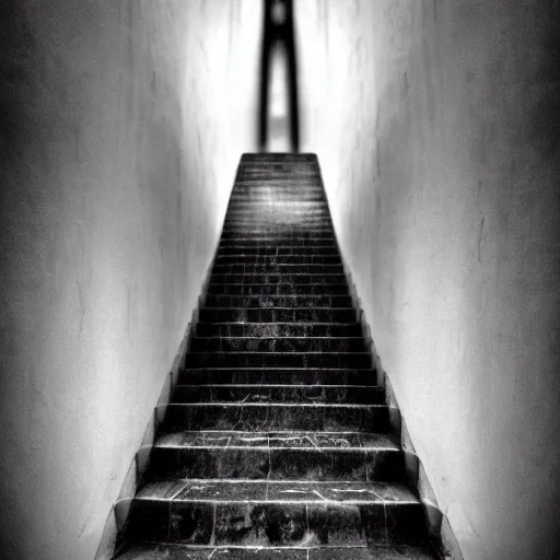 Prompt: a set of stairs leading up to the top of a set of stairs, a black and white photo by robert macbryde, deviantart, gothic art, dark and mysterious, chiaroscuro, demonic photograph