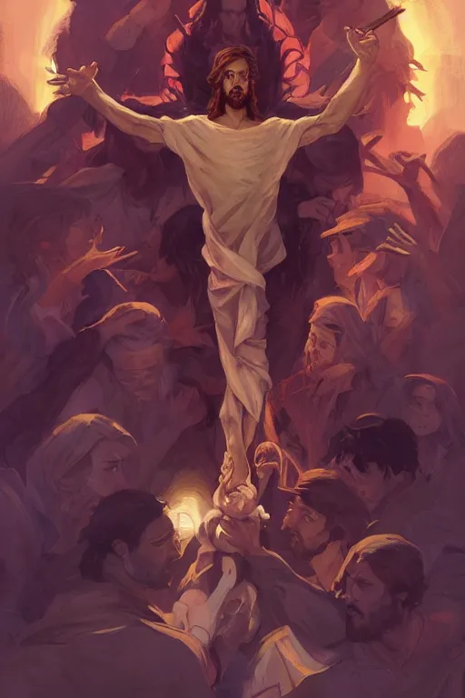 Image similar to jesus on an upside down cross by artgerm, tooth wu, dan mumford, beeple, wlop, rossdraws, james jean, marc simonetti, artstation giuseppe dangelico pino and michael garmash and rob rey and greg manchess and huang guangjian and makoto shinkai