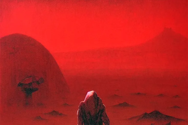 Image similar to only with red, a red shinigami eat apple, a city on mars in background, an ancient path, pathos, in the style of beksinski, part by hopper, part by rodcenko, part by hofbauer, intricate composition, red by caravaggio, insanely quality, highly detailed, masterpiece, red light, artstation