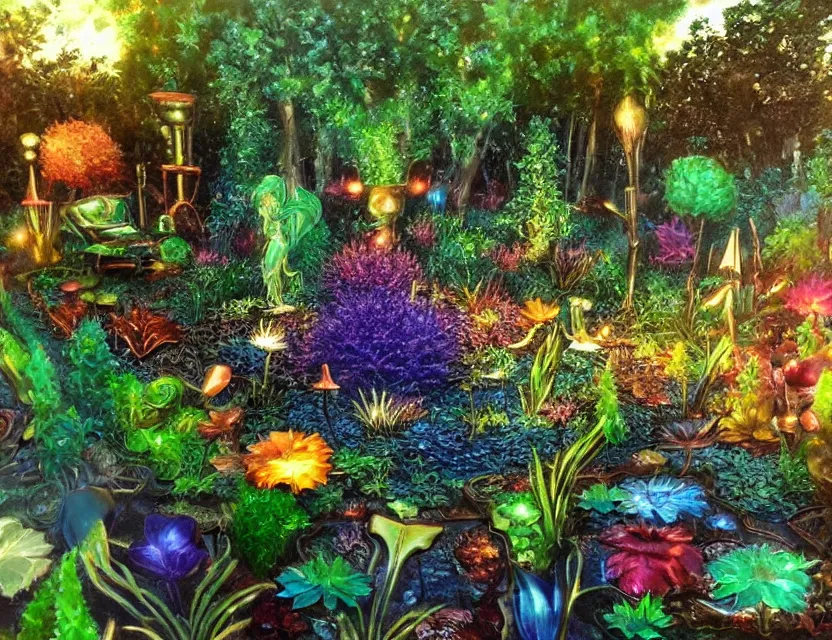 Prompt: metallic garden made of metal. oil painting by award - winning comic artist. backlighting, chiaroscuro, depth of field, luminescent colors.