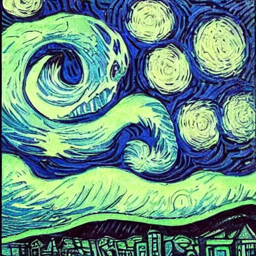 Prompt: a man sees the old god cthulhu terrifying the night sky of a modern city, dark art by van gogh