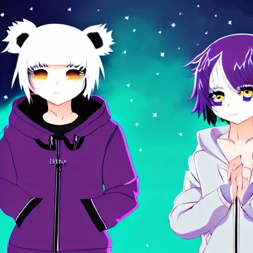 Image similar to two girls, a girl with short white hair and polar bear ears wearing an open black coat, another girl with long black hair wearinga purple hoodie with red eyes, anime key visual art, anime artystyle