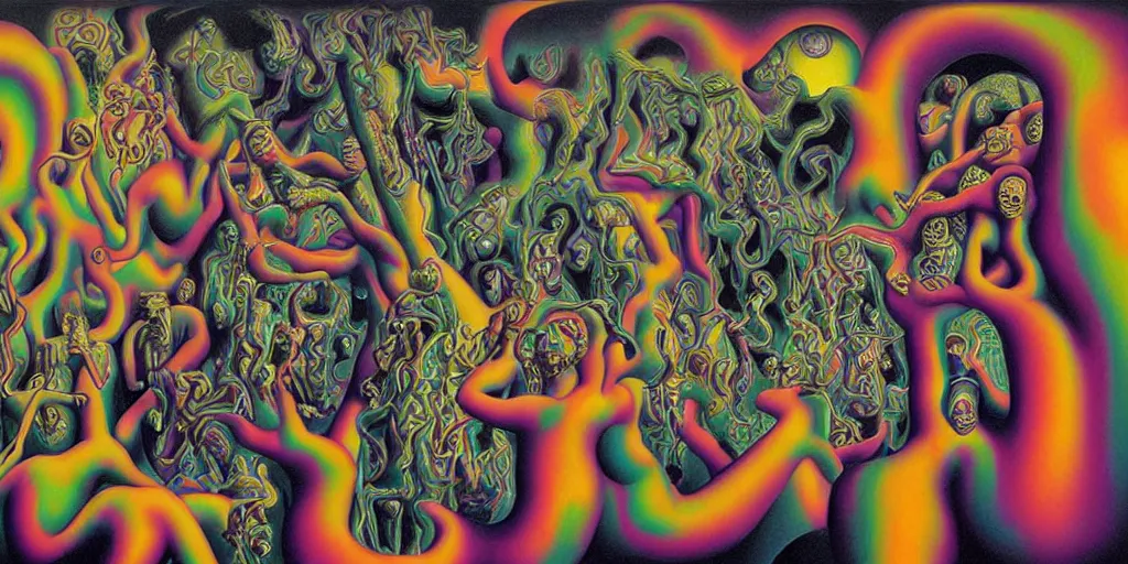 Image similar to basilisk, pain, pleasure, suffering, adventure, alex grey psychedelic dripping color love, abstract oil painting by mc escher and salvador dali gottfried helnwein