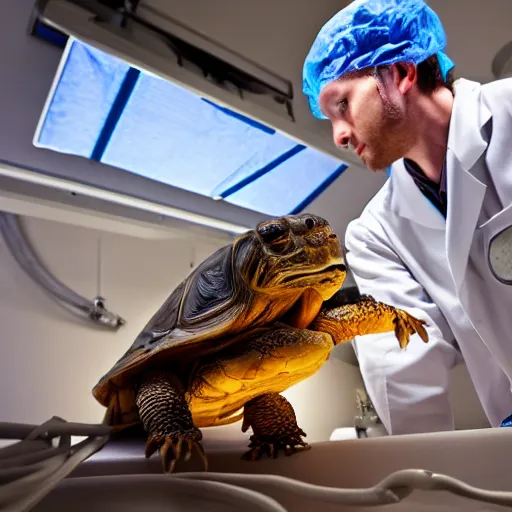 Image similar to doctor examining a tortoise under operating room lights, closeup wide angle