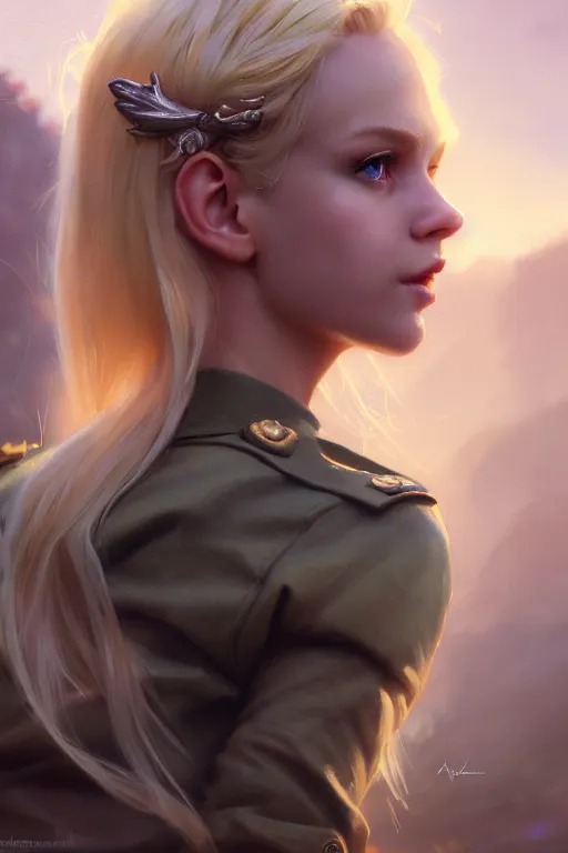 Image similar to cinematic shot of an epic portrait of a cute blonde fairy dressed in military clothes, stylised military clothes, shiny skin, beautiful eyes, beautiful, small details, night setting, realistic poster with volumetric light from craig mallism, artgerm, jeremy lipkin and michael garmash, unreal engine, radiant light, digital art, trends at art station, a masterpiece