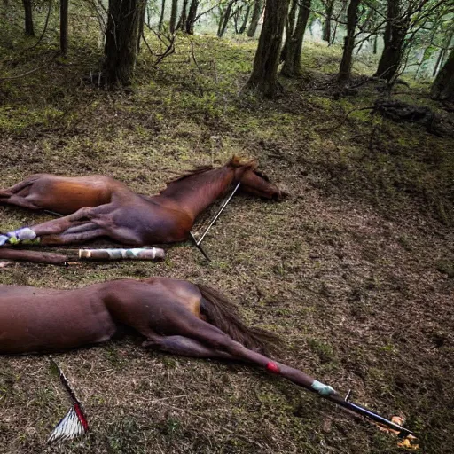 Image similar to two dead horses with many arrows on their body, lying on the woods path, dense thickets on each side, photo, 8 k