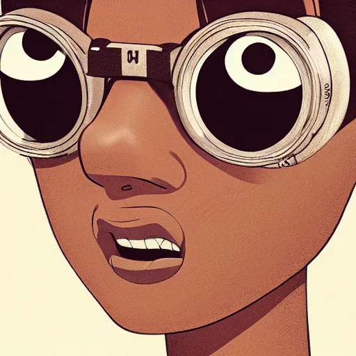 Image similar to face of a girl wearing goggles, brown skin, symmetrical, ilya kuvshinov, jamie hewlett, yoji shinkawa, muted colors, portrait, beautiful detailed illustration, graphic, fun, 17th century oil painting, flat colors, studio ghibli, cel shading,