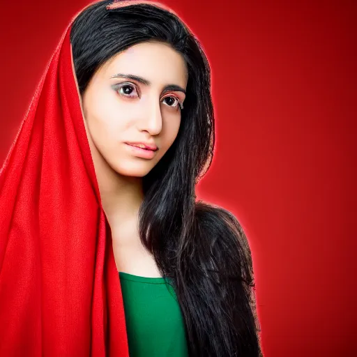 Image similar to A photorealistic portrait of an Iranian young woman with long black hair wearing a red scarf, DSLR Photograph, 8k