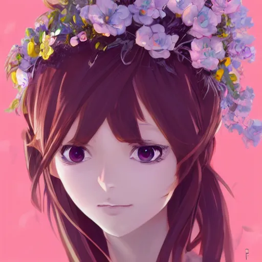 Image similar to portrait of anime pixie character with flower crown hair, manga cover, highly detailed, digital painting, artstation, concept art, sharp focus, illustration, strong brush stroke, anime, art by greg rutkowski, ilya kuvshinov, sharp focus, ghibli studio, art by ilya kuvshinov, rossdraws