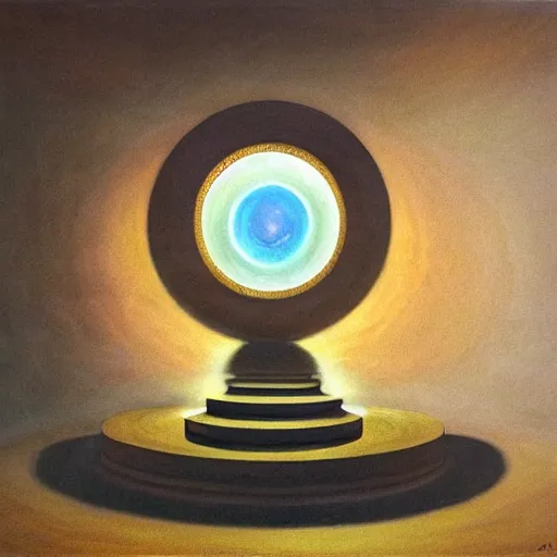 Image similar to in the center lays an ancient holy artifact, shaped like torus ring, chromed and ornate with gentle iridescent shine from within. the ring lays on top of a pedestal. the pedestal is in front of a dark misty balcony at night. perspective from the side. realistic light and shadows. moody fantasy art, table still life renaissance pastel painting.