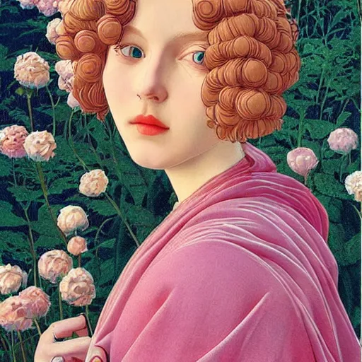 Image similar to a lot of flowers morphing in a beautiful girls face, film still by wes anderson, depicted by botticelli, limited color palette, very intricate, art nouveau, highly detailed, lights by hopper, soft pastel colors, minimalist