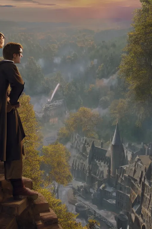 Image similar to Harry potter looking down to Hogwarts, happy after a long fight, photo-realistic, golden hour, epic